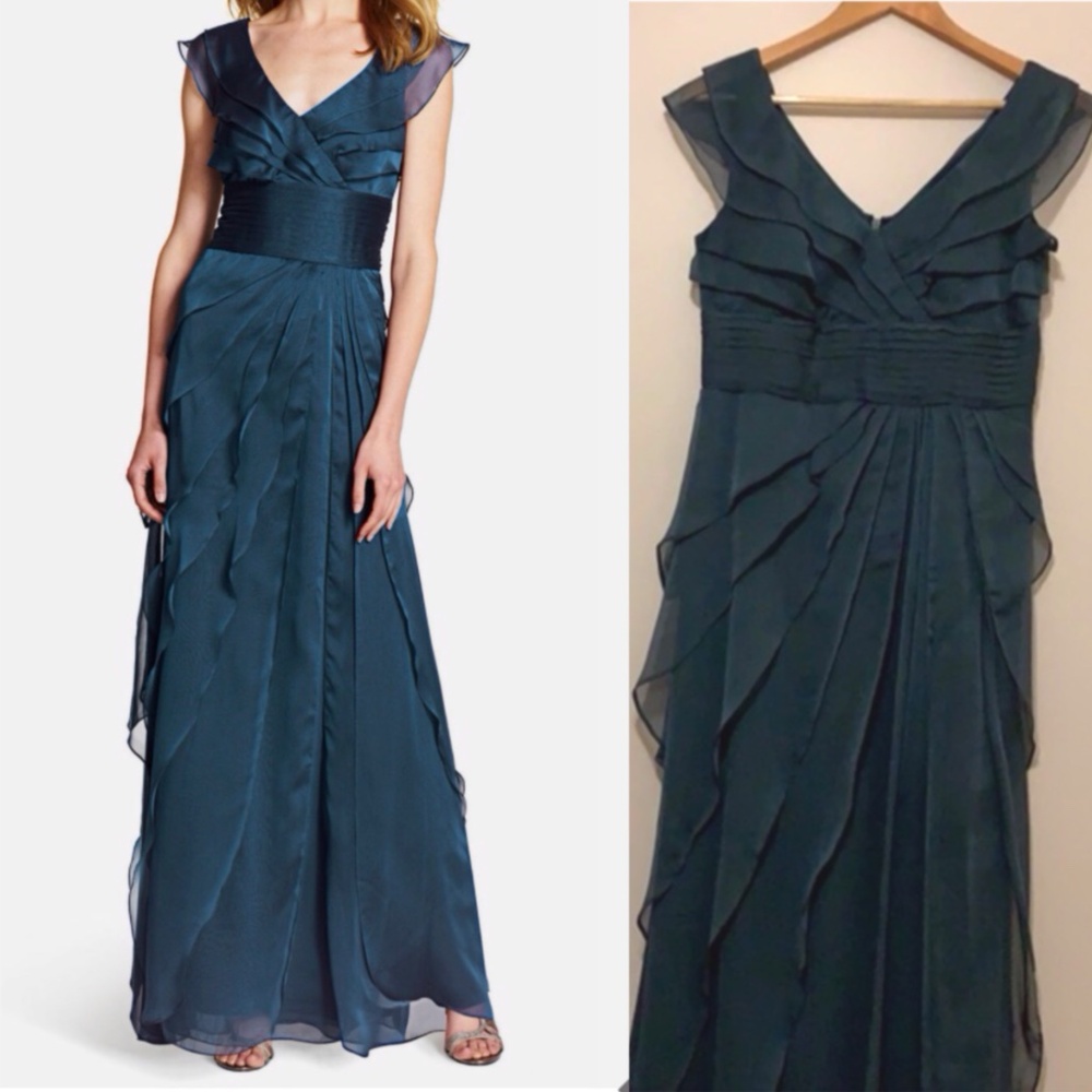 Adrianna Papell Dark Teal Green Tiered Gown